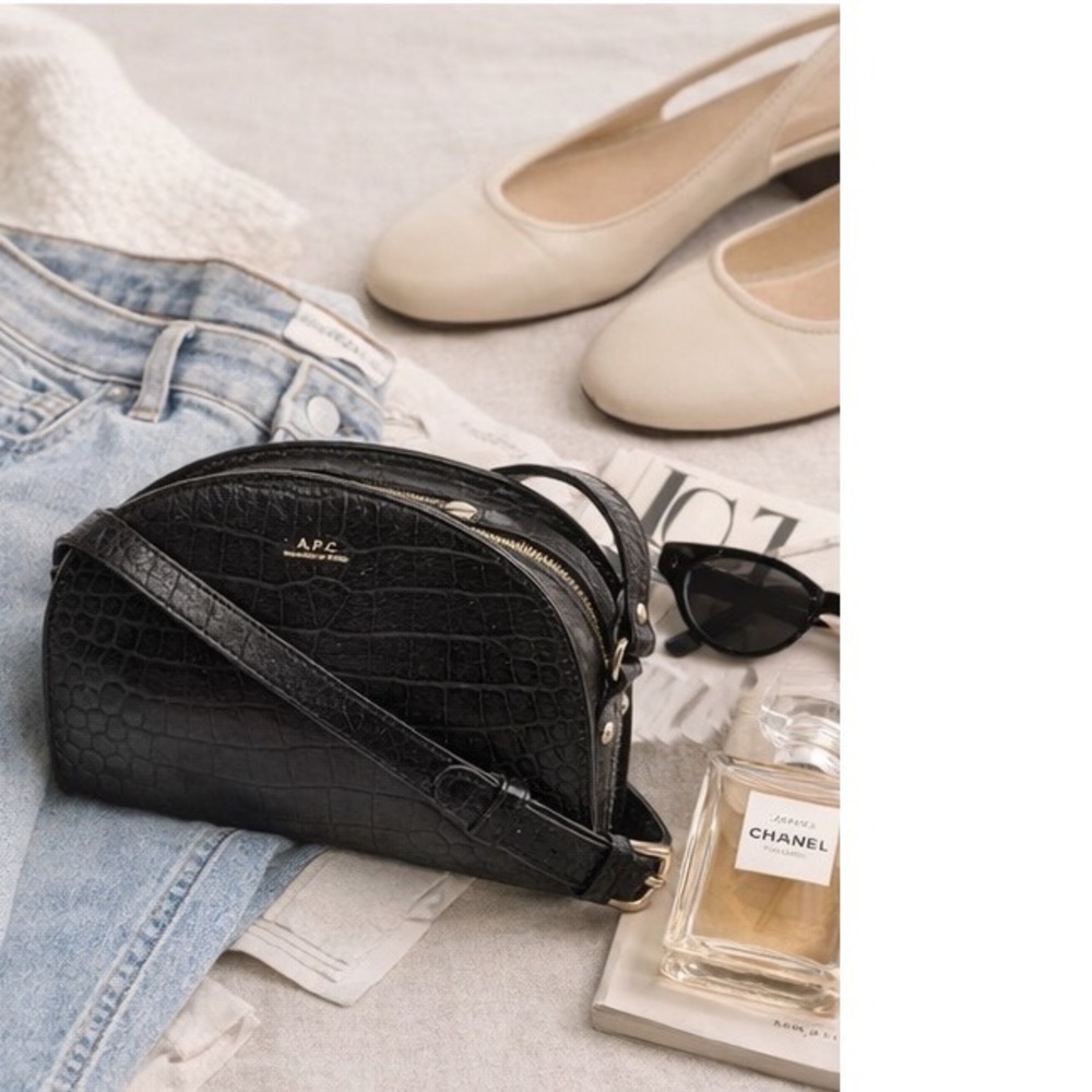 A.P.C. Demi-Lune Bag Black Croc Embossed Leather Half Moon Crossbody OS